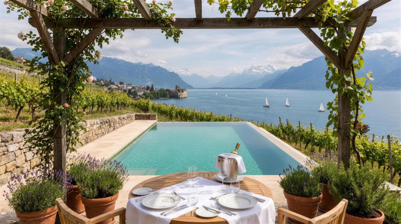 Piscine sous une pergola dominant le lac et les vignes