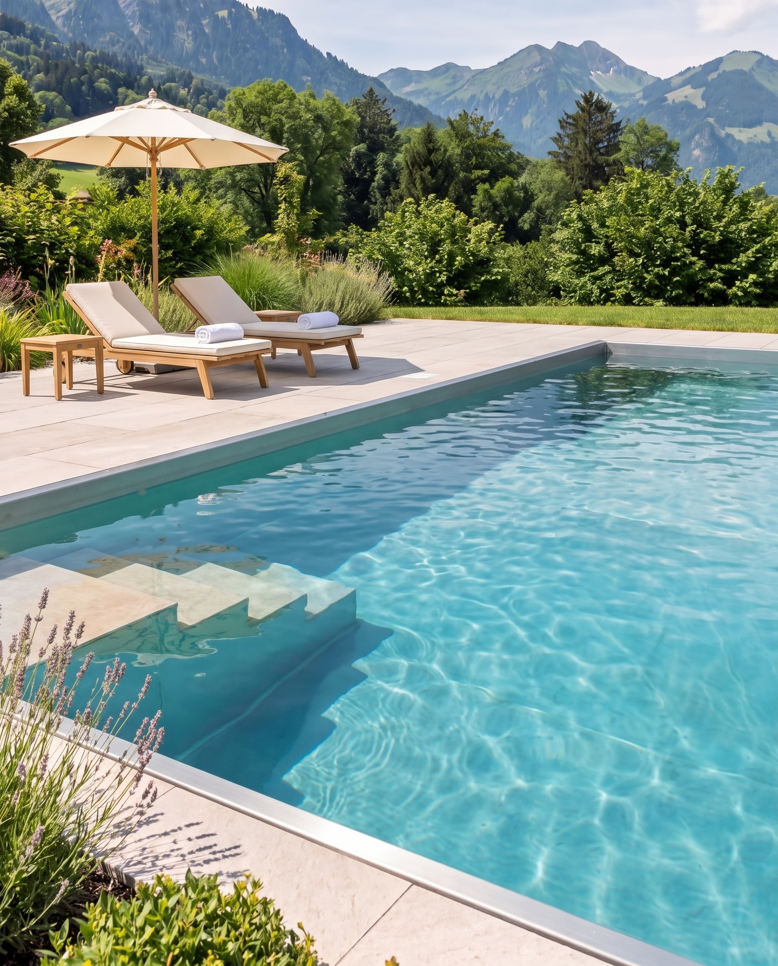 Piscine privée en inox avec marches en pierre, chaises longues et parasol, face aux montagnes