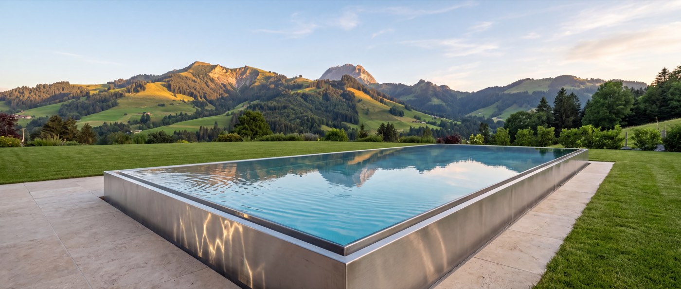 Piscine à débordement en inox face aux Préalpes