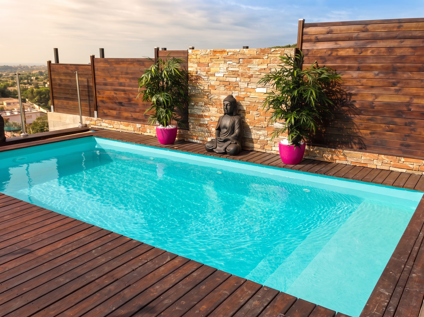 Piscine turquoise bordée d’une terrasse en bois, Etoy