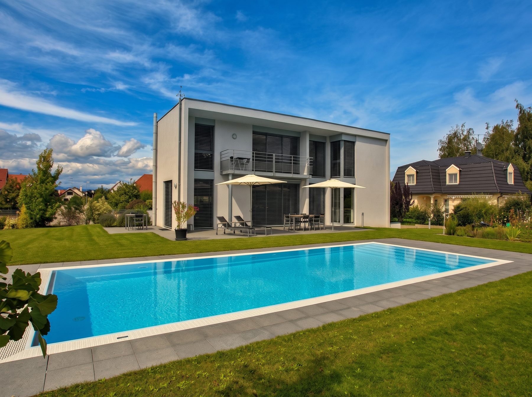 Piscine enterrée devant une villa contemporaine