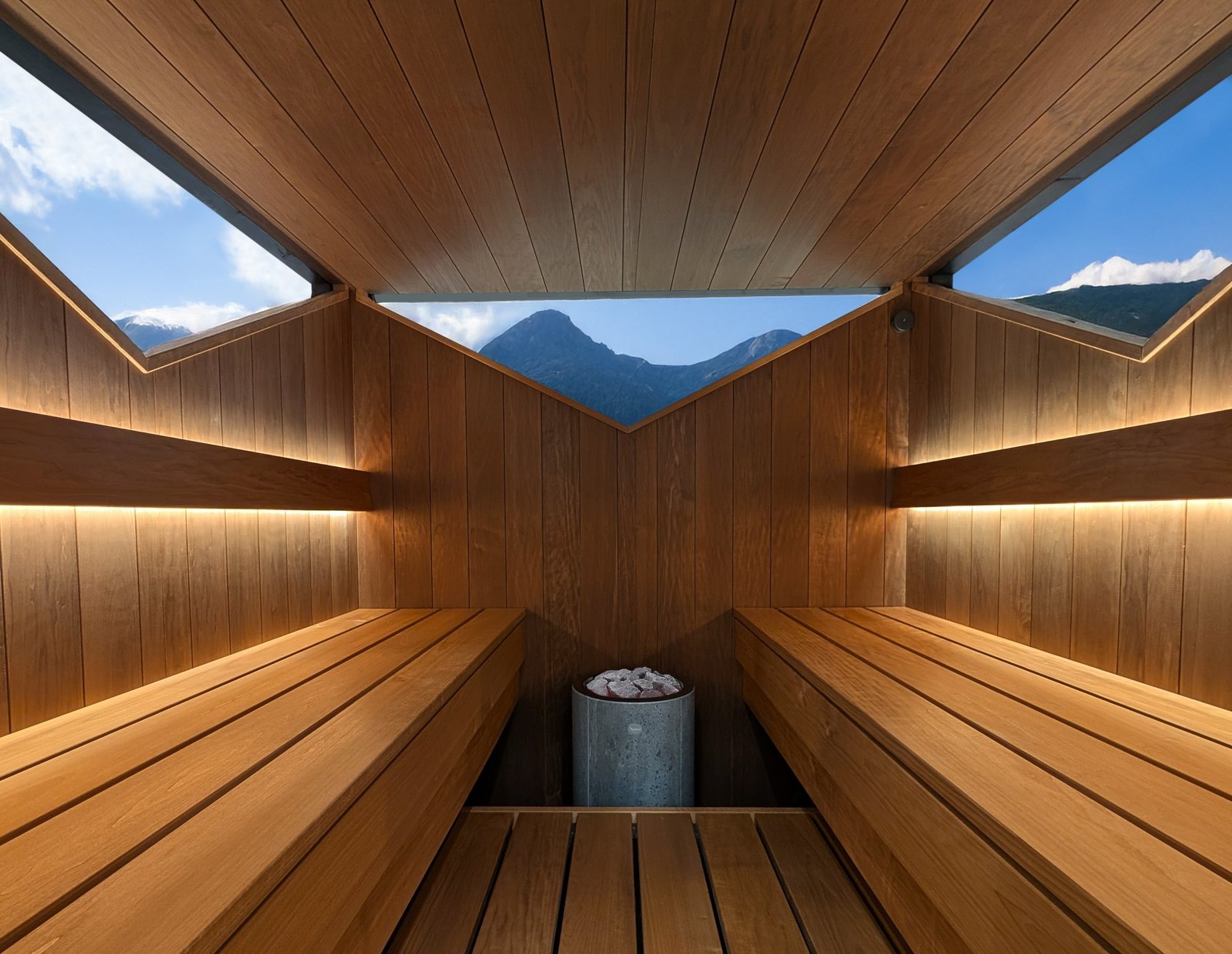 Intérieur d’un sauna d’extérieur DEN, banquettes en bois et fenêtres hautes ouvertes sur les montagnes