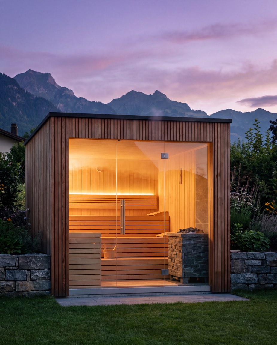 Sauna d’extérieur en bois avec grande baie vitrée au crépuscule